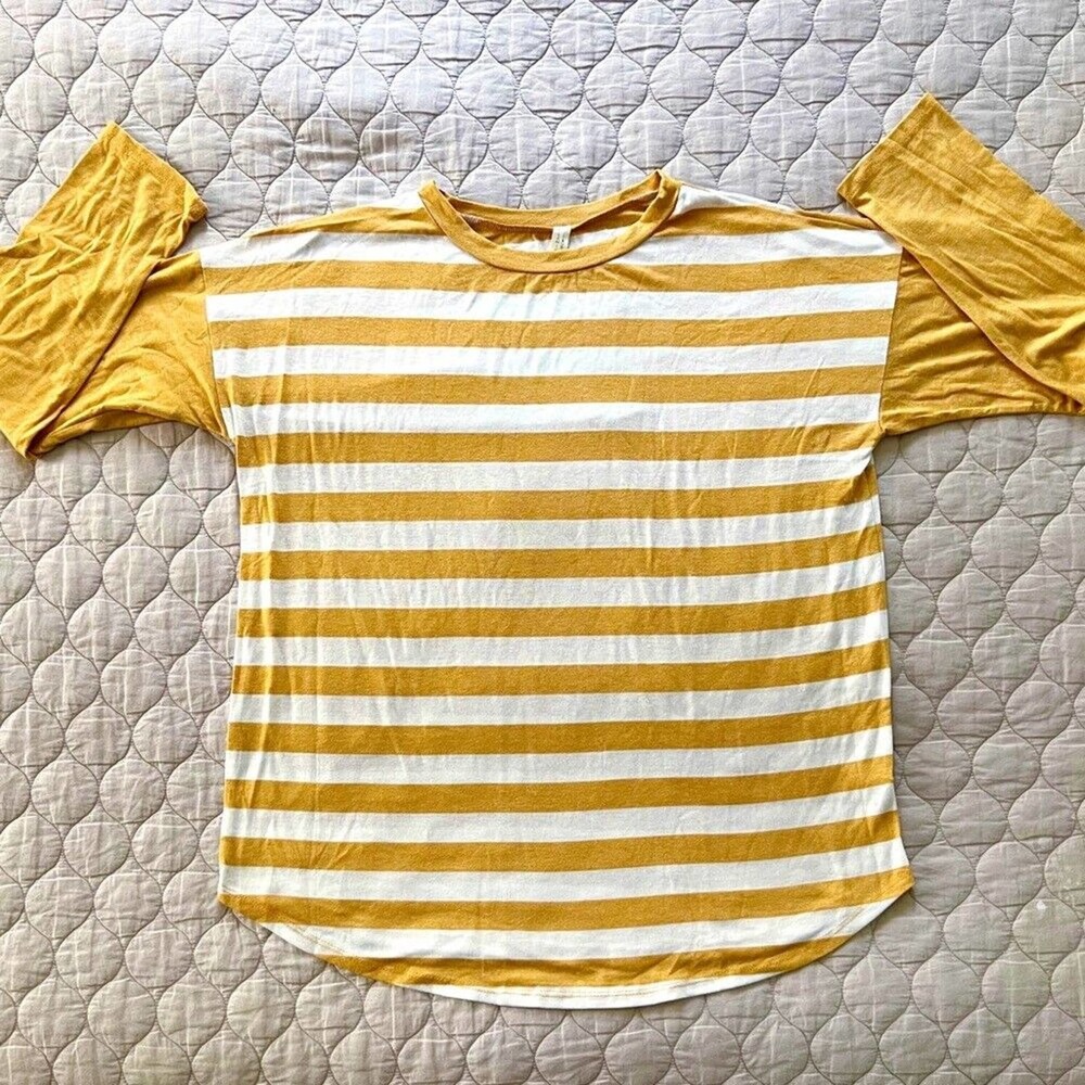 Flamingo Urban Women's Large Mustard Yellow Gold White Striped Long Sleeve Tee